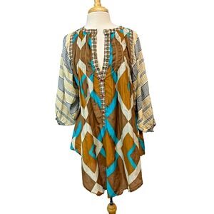 Gregory Parkinson Boho Tunic Brown Blue Print Cotton V-Neck 3/4 Puff Sleeves L